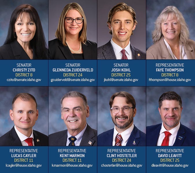 Idaho Legislature official portraits of the Gang of 8 — the eight legislators whose campaigns the dark-money pipeline funds