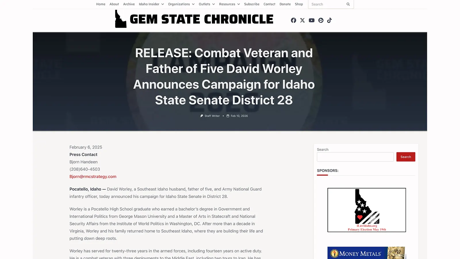 Gem State Chronicle February 10, 2026 release of the Worley launch with identical 'combat veteran and father of five' framing