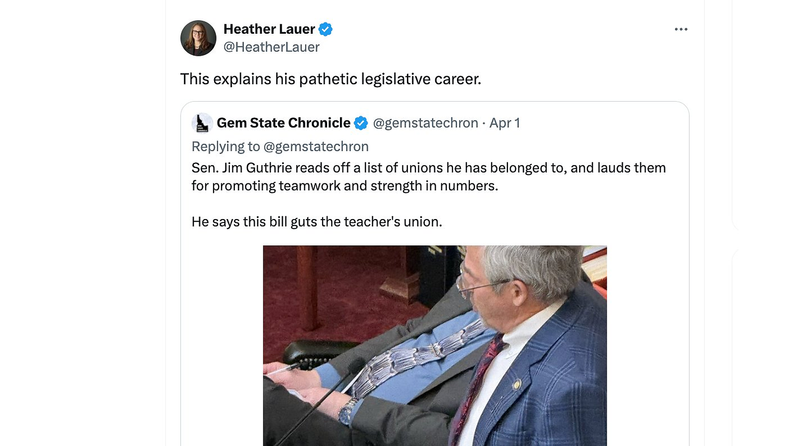 Screenshot of Heather Lauer's April 1, 2026 quote-tweet of Gem State Chronicle attacking Sen. Jim Guthrie