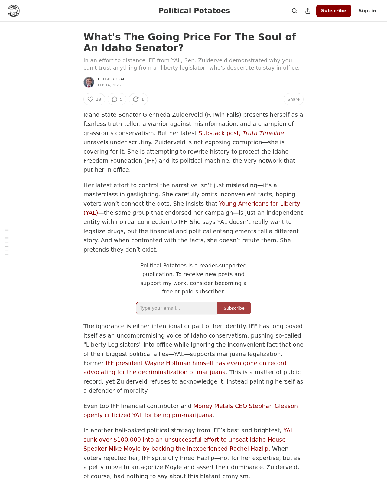 Political Potatoes 'What's the Going Price For The Soul of An Idaho Senator?' on the CAI/Maloney/YAL pipeline