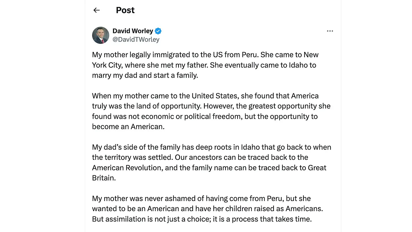 Screenshot of David Worley's verified X post about his Peruvian immigrant mother and the assimilation framing