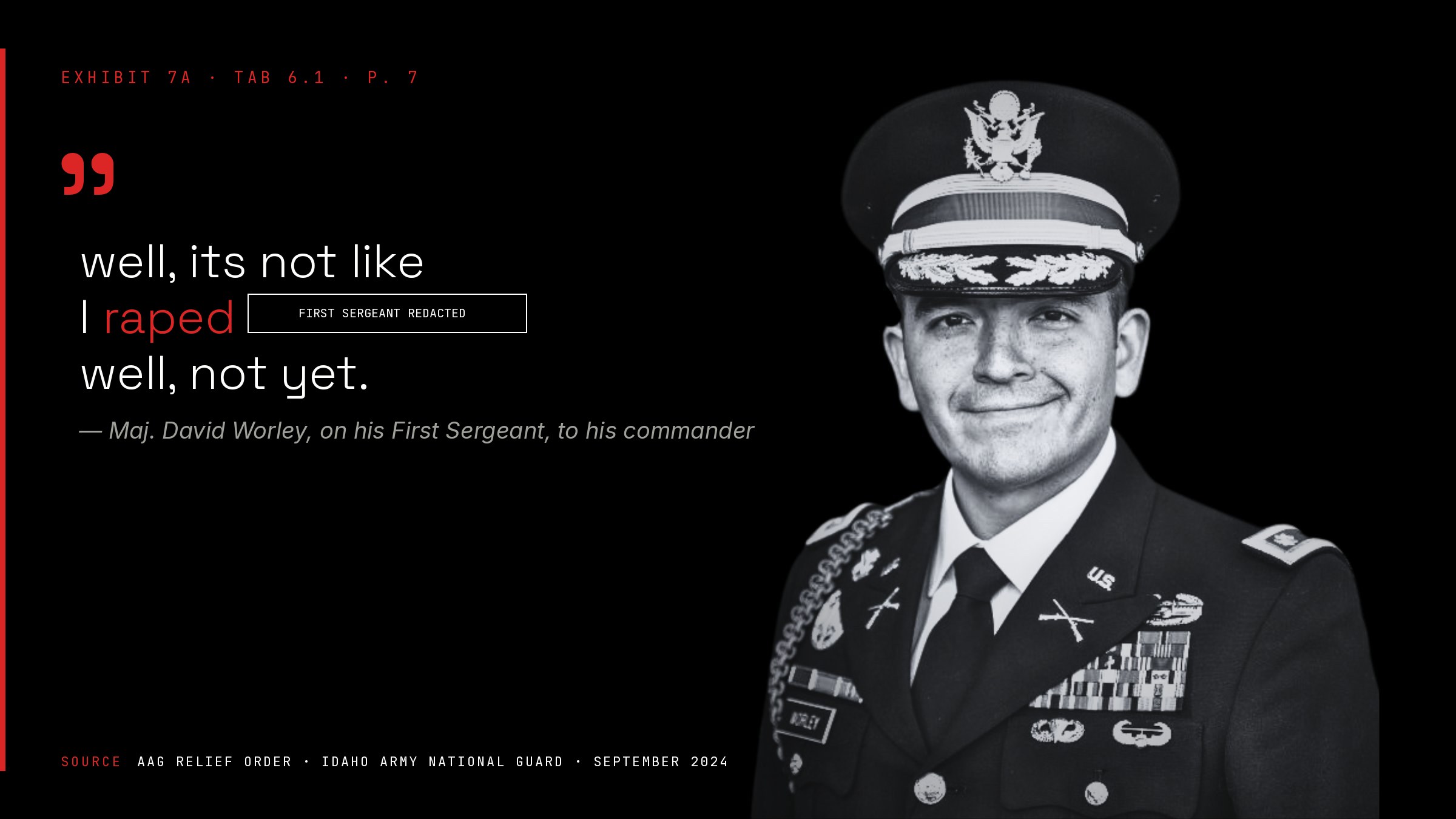 Maj. David Worley in Idaho Army National Guard dress uniform — overlaid with the relief-order quote about his First Sergeant
